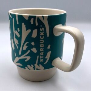 Starbucks 12oz Teal & White Floral Botanical Pattern Mug 2015